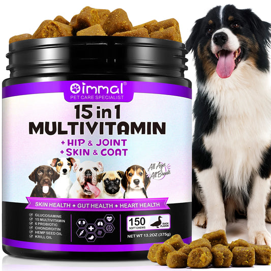 15-in-1 Multivitamin Supplements 150 Chews Hip & Joint Support, Skin  Gut Heart Health with Duck Flavor Suit for All Dogs