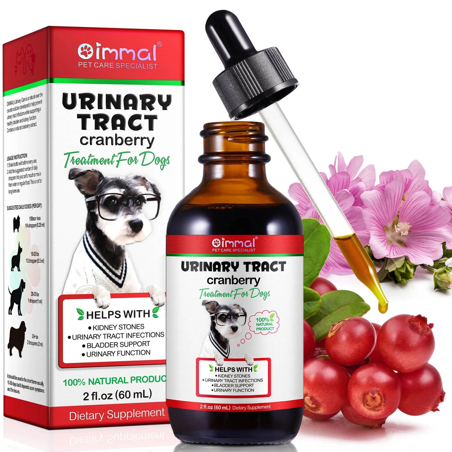 Urinary Tract Cranberry Kidney Stones Bladder Support Urinary Function 100% Natural Product 2 fl.oz 60 mL Dietary Drops for Dogs