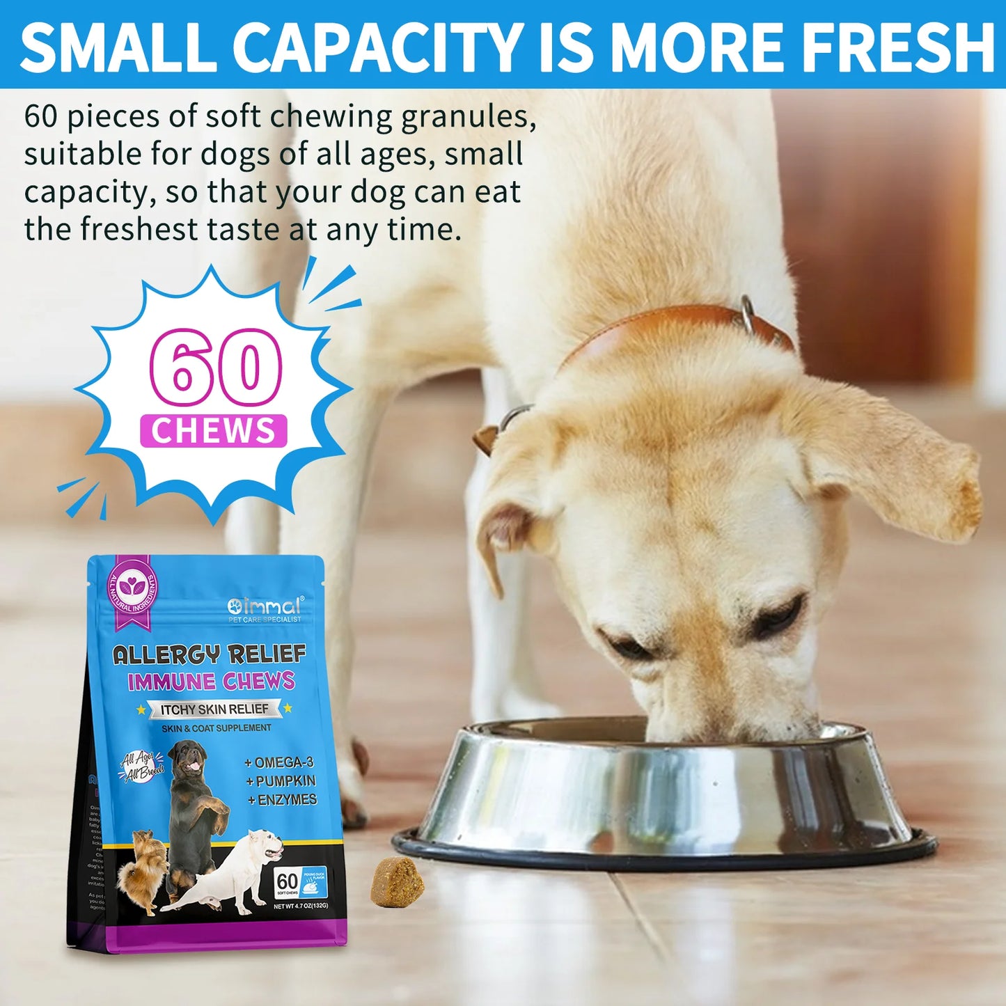 Dog Allergy Relief Chews Anti-Itch Skin & Coat Supplement Omega 3  60 Relief Treatment Pills Pumpkin Enzymes Peking Duck Flavor