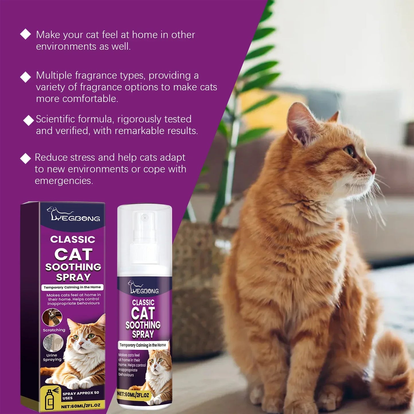 Cat Stress Relief Spray  Calming Solution Scratch Prevention Natural Plant-Based Acts Quickly Cat Calming Spray For